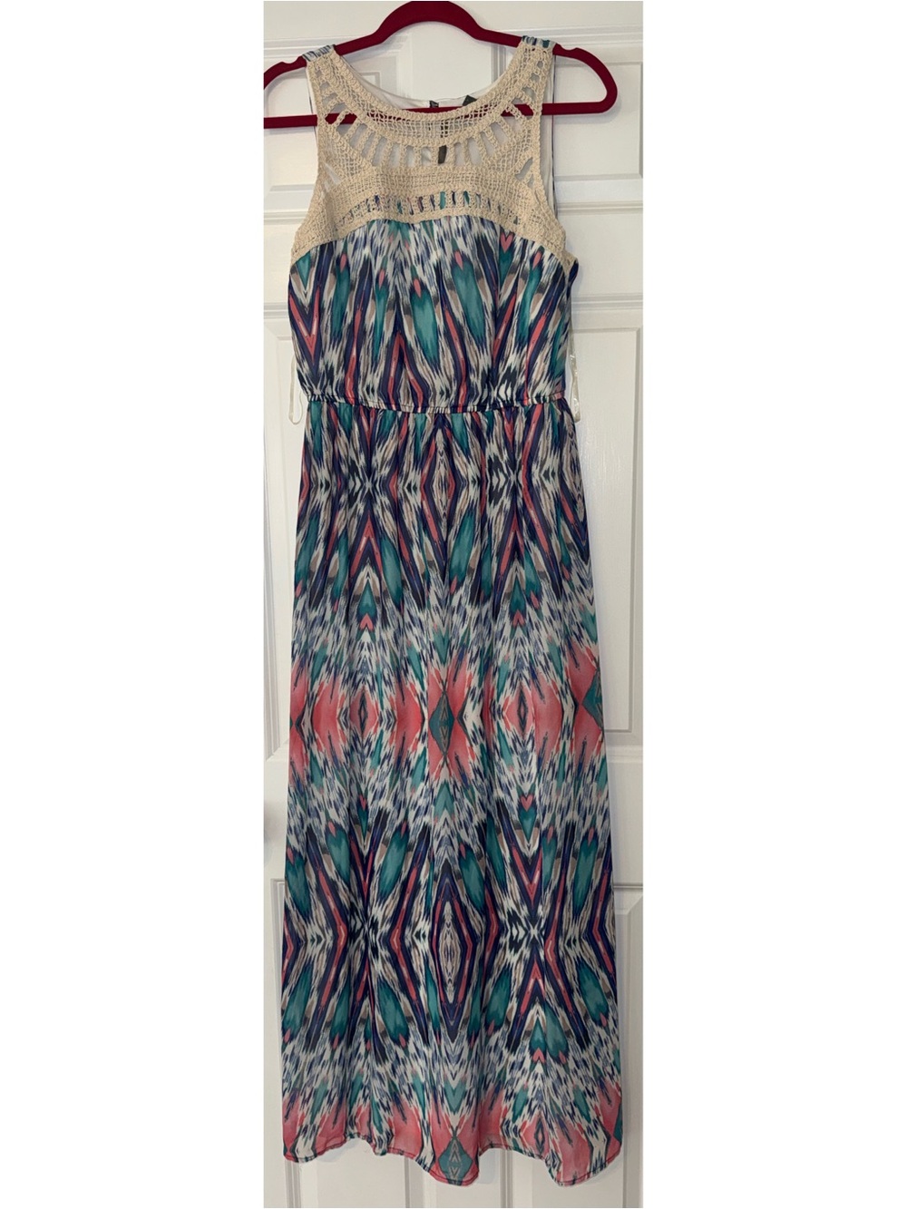 Sleeveless Crochet Yoke Maxi Dress in Teal & Coral